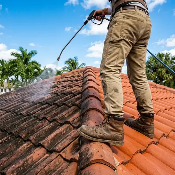 Micah Crouch cleaning gutters on a Palm Beach roof