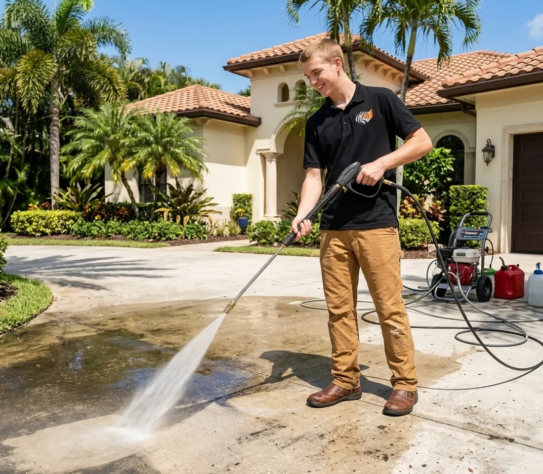 Crouching Tiger team member pressure washing a driveway at a Palm Beach home